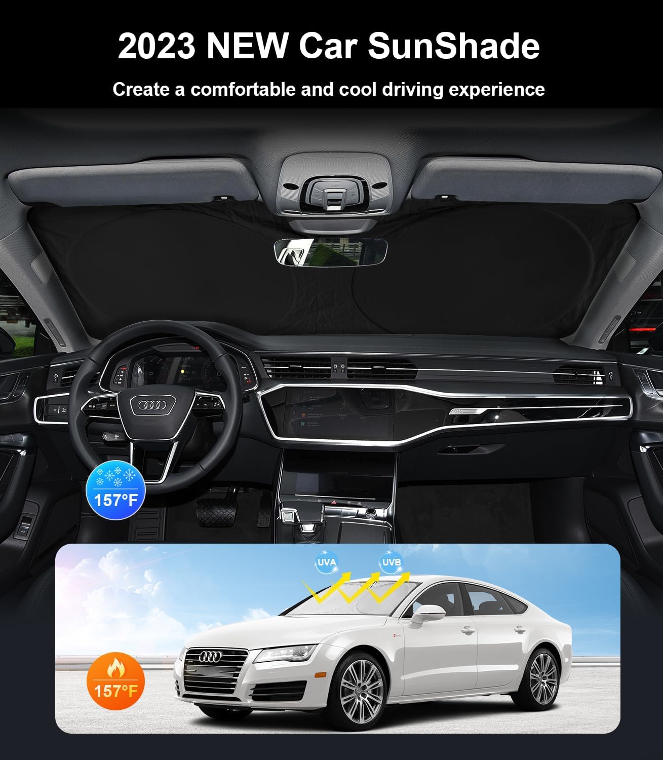 Custom Sunshade Windshield Sun Shade for 2018-2023 2024 2025 2026 Audi Q5 Q8 SUV Accessories Front Window Shades Cover for Windshield Sun Visor Screen Foldable 2 Layers 210T Protector Blocks UV Rays