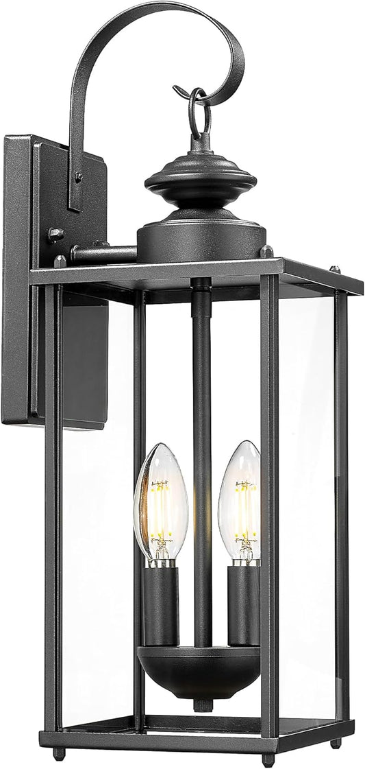 kudos Porch Lights, 18.1 inch Large Outdoor Wall Light, E12 Sockets, Anti-Rust Waterproof Light Fixtures Wall Mount for Patio, Doorway, Entryway, Black with Clear Glass, KDOWL02-BK-L