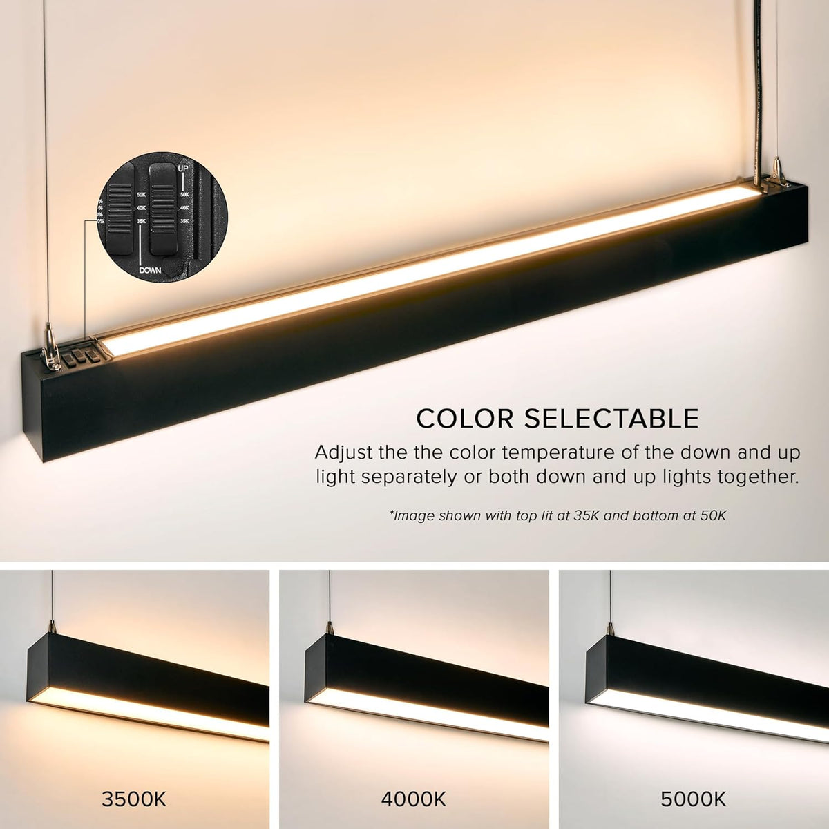 Maxxima 4 ft. LED Black Linear Light, Up and Down Adjustable Light Output, 3 CCT 3500K/4000K/5000K, Commercial and Residential 36W Suspension Pendant, Ideal for Office, Home, Shop, Garage, School