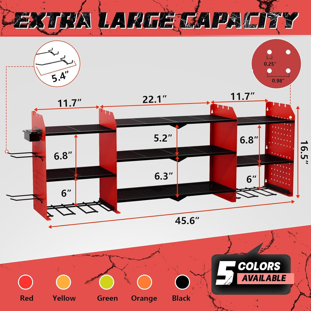 Power Tool Organizer Wall Mount with Charging Station, 45.5" Expanded Garage Wall Tool Organizer with 4 Pegboard Hooks, 6.5FT Outlet Power Strip, Large Garage Storage Rack for Impact Wrenches