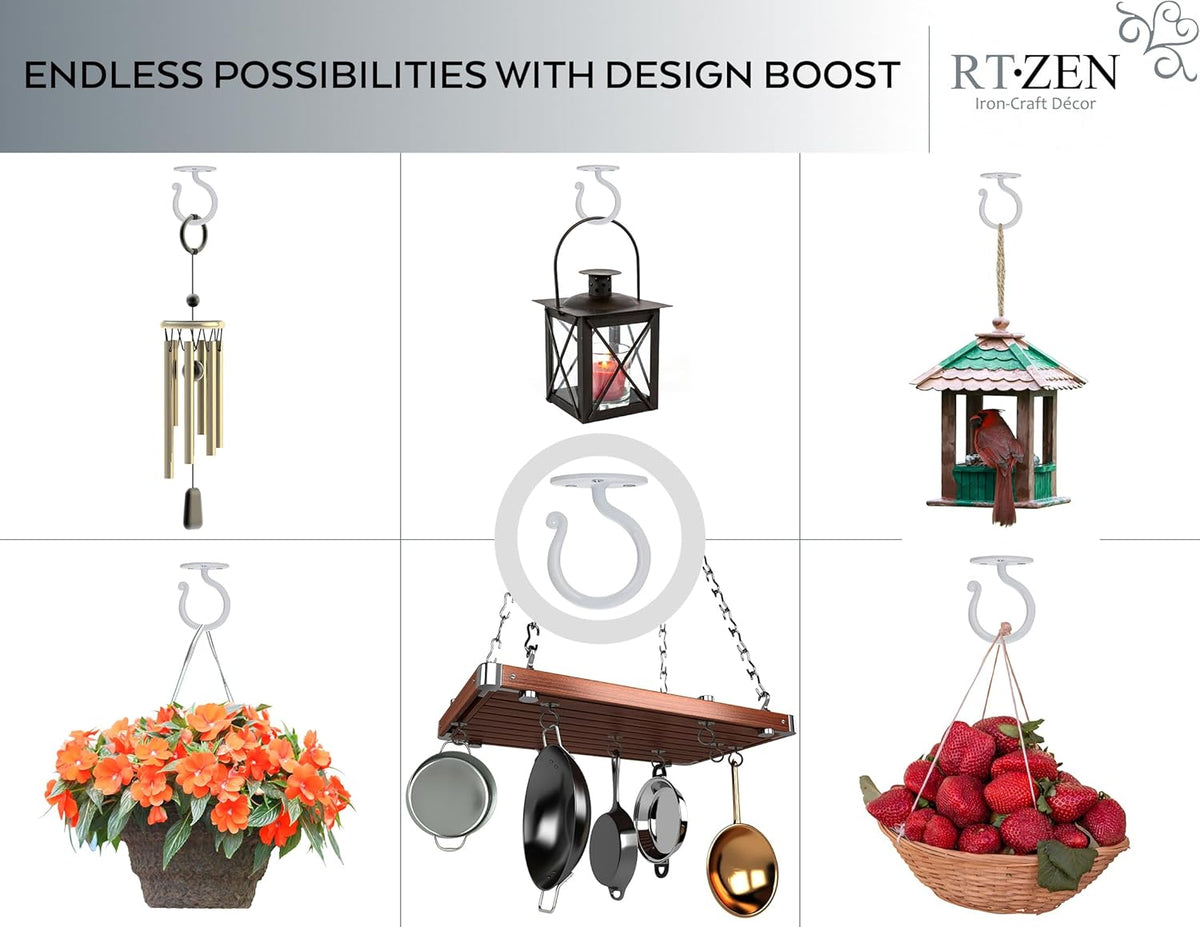 RTZEN Plant Hangers Outdoor or Indoor - Wrought Iron Metal Hanger Indoor Hook - Heavy Duty Wall Bracket Hooks for Hanging Plants Baskets Lanterns Wind Chimes - 2 Pack (Large White Ceiling Hooks)