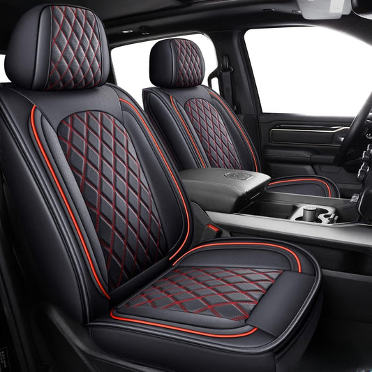 MIROZO Dodge Ram Seat Covers Full Set,5PCS Car Seat Cover Waterproof Fit 2009-2025 Ram 1500 2500 3500 Crew Quad Regular Cab Pickup Cushions with Split Bench 40/60 (Black and Red,Full Set Flat Back)