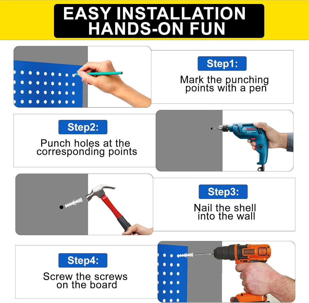 Metal Pegboard Panels 24" x 12" 4 Pack Heavy Duty Steel Pegboard Wall Organizer, Garage Utility Tools Pegboard Storage System for Workbench, Shop, Shed Modular Peg Board Organizer Board Kit (Blue)