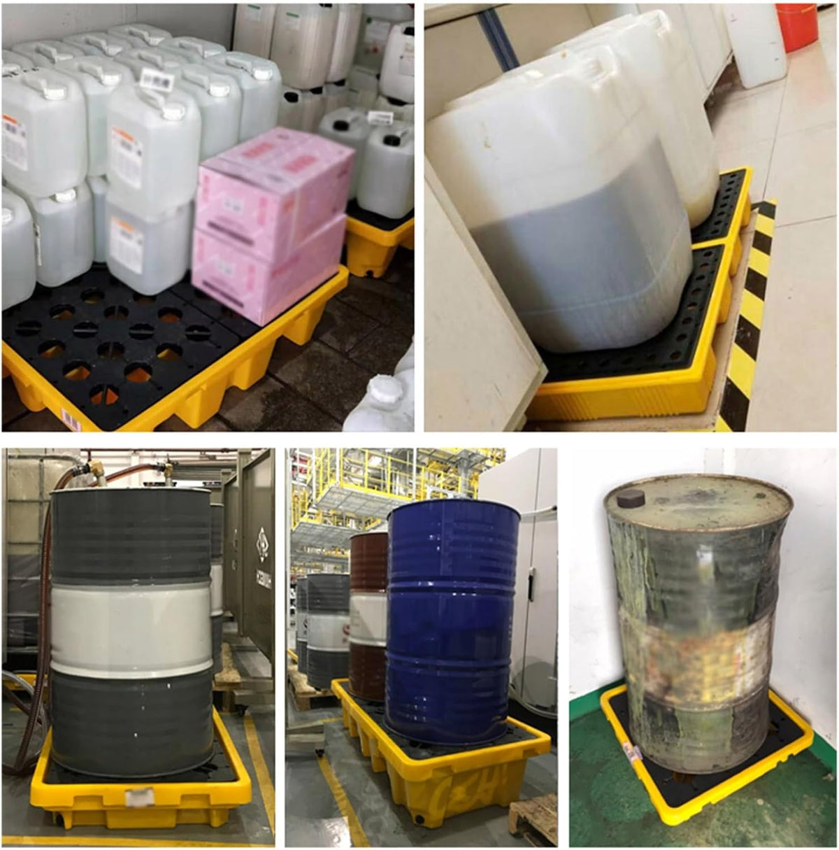 Drum Containment Spill Pallet, Industrial Nestable Oil Drums Leak-Proof Tray, Garage Storage Detachable Anti Slip Polyethylene Platform with Drain (Color : Yellow-5 Pack, Size : 26.6"x26.6"x