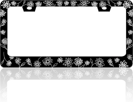 Black and White Daisies License Plate Frame Flower Art License Plate Holder for Front or Rear Car Tags Stainless Steel Funny Car Decoration with Screws 6.3 X 12.2 in