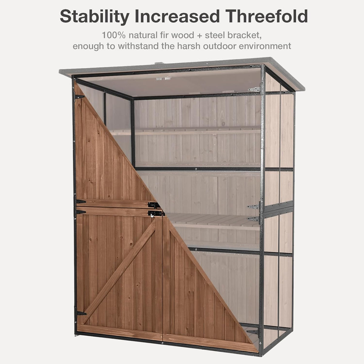 Outdoor Storage Shed with Floor - Waterproof Natural Fir Cabinet with Adjustable Shelves and Double Lock for Anti-Theft - Suitable for Storing Garden Tools, and Household Debris (Deep Brown)