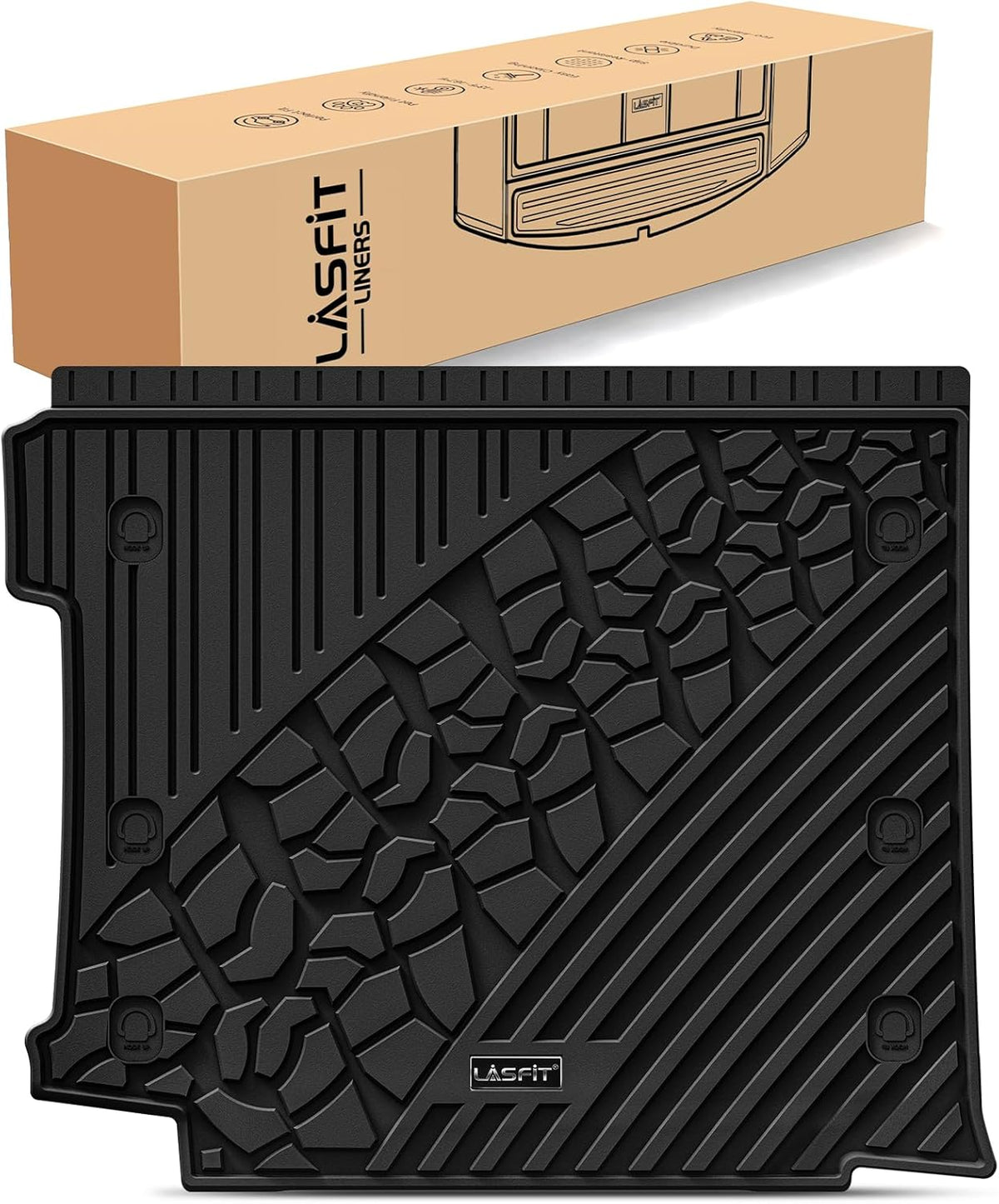 LASFIT Trunk Mat for Jeep Wrangler JL 2018-2025 4 Door Gas Type with Subwoofer and Flat Load Floor (Not for JK/Not PHEV/Not 2-Door) All Weather TPE Custom Fit Cargo Mat, Black
