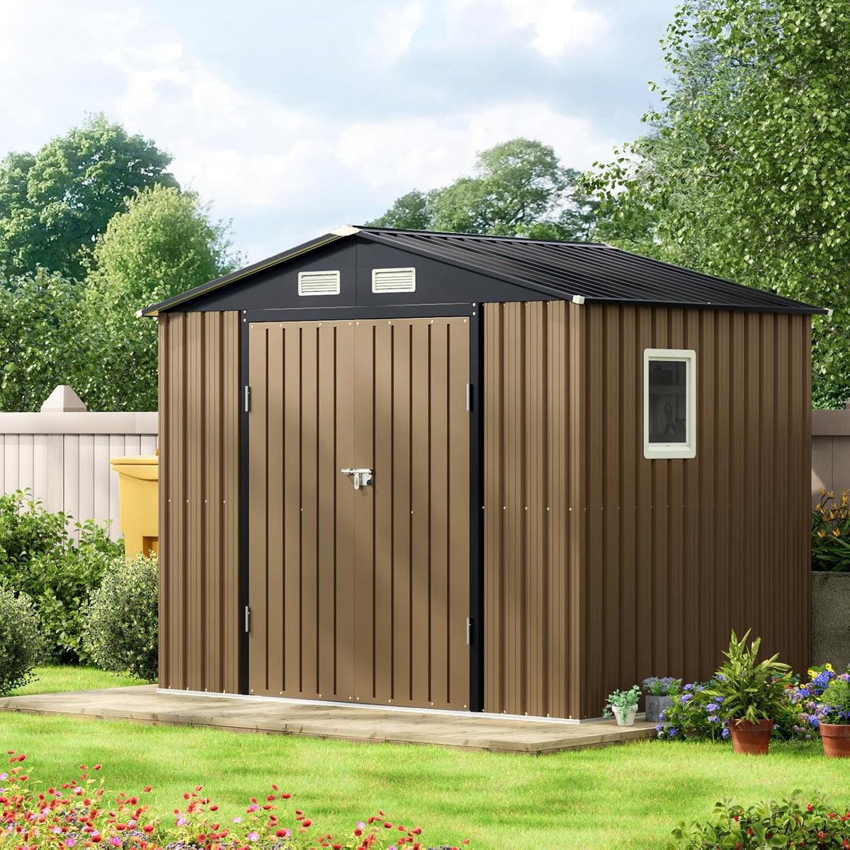 8X6FT Outdoor Steel Storage Shed with Lockable Doors, One Big Window,Ideal for Garden, Backyard, Patio Storage,Brown