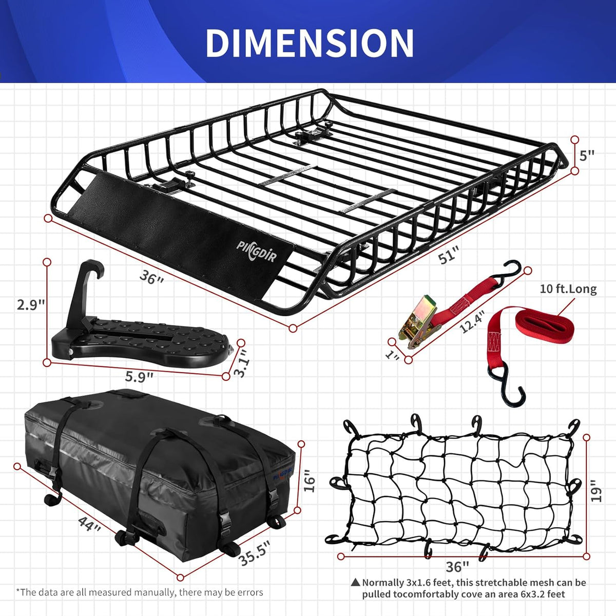 Roof Rack Basket 51" X 36" X 5" Rooftop Rack Cargo Carrier Universal, Waterproof Cargo Bag 44 * 35 * 16", Cargo Net with Attachment Hooks, 2 pcs Ratchet Strap,Roof Pedal
