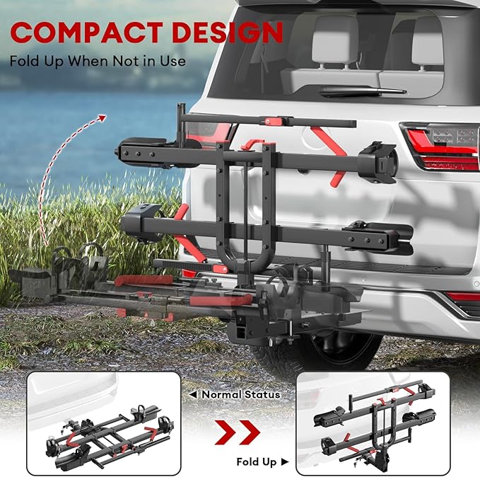 Hitch 2 EBike Rack with Ramp, 170lbs Capacity Electric Bike Carrier Foldable for 2 Heavy Ebike, Up to 5-inch Fat Tire Bicycle, 2" Receiver for Car, SUV, RV, Truck, Black