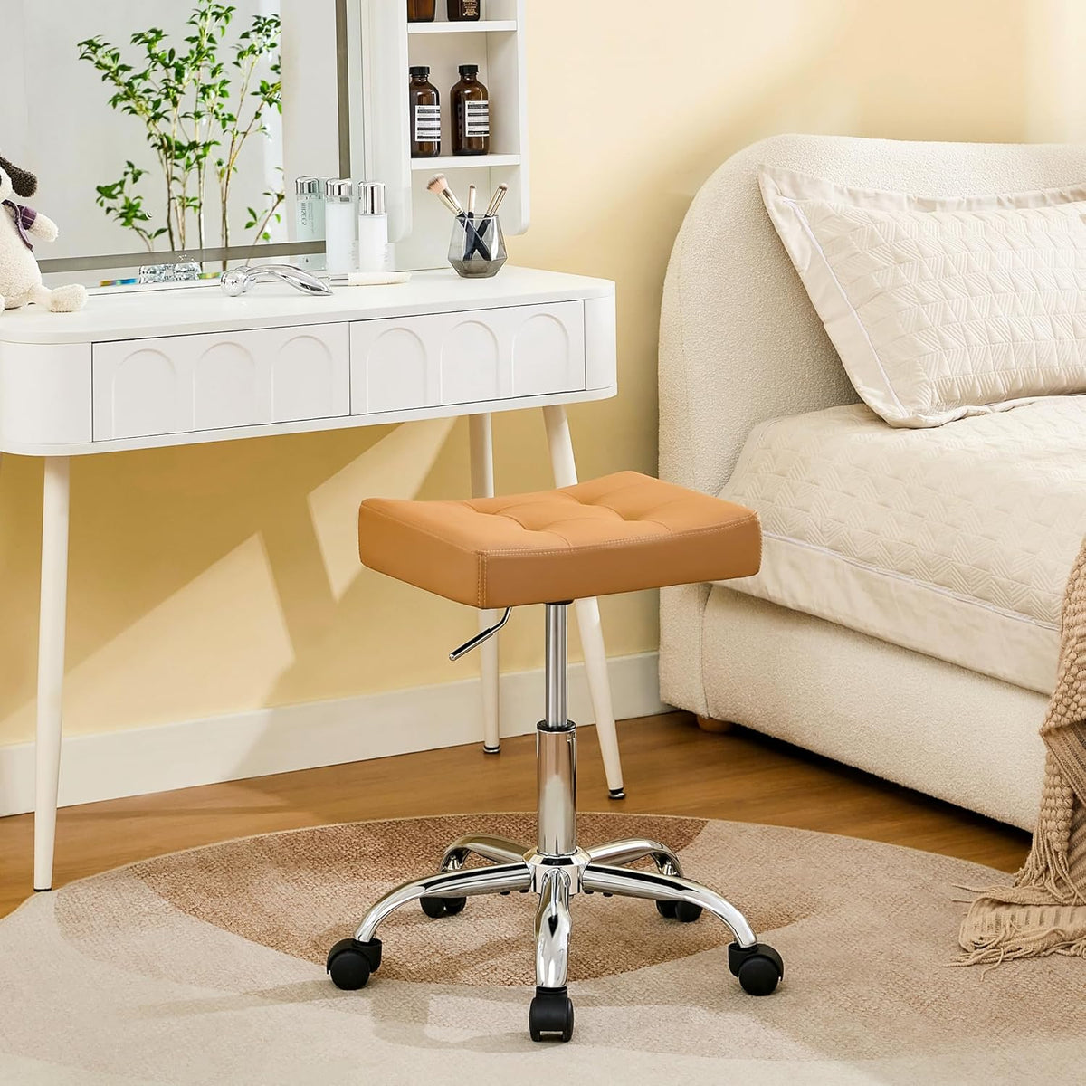 Rolling Stool Adjustable Height (300lbs Capacity) (Sturdy Base) Multifunctional Nail Tattoo Vanity Massage Stool (Camel Brown)