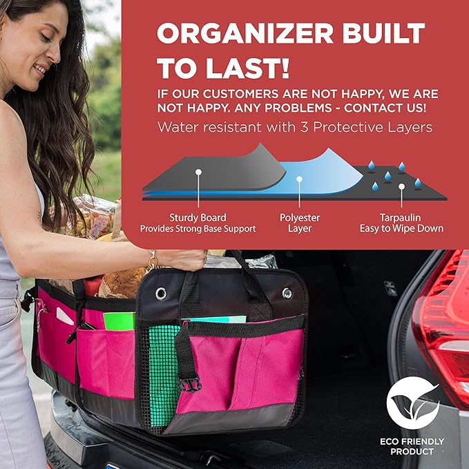 TRUNKCRATEPRO Pink Car Accessories For Women, Trunk Organizer For Car, Suv, Jeep Premium Adjustable Multi Compartments Collapsible (Large Capacity)