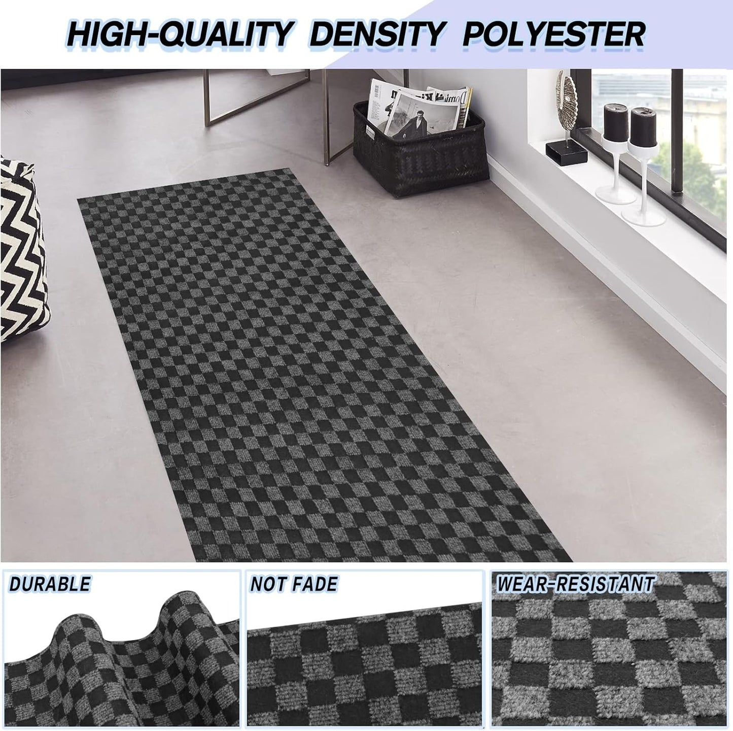 Custom Size Backed Non-Slip Area Rugs Runner, Easy Clean, Waterproof Runner Rugs for Hallway Entryway, Kitchen, Laundry, 3FT x 30FT, Gray Checkered