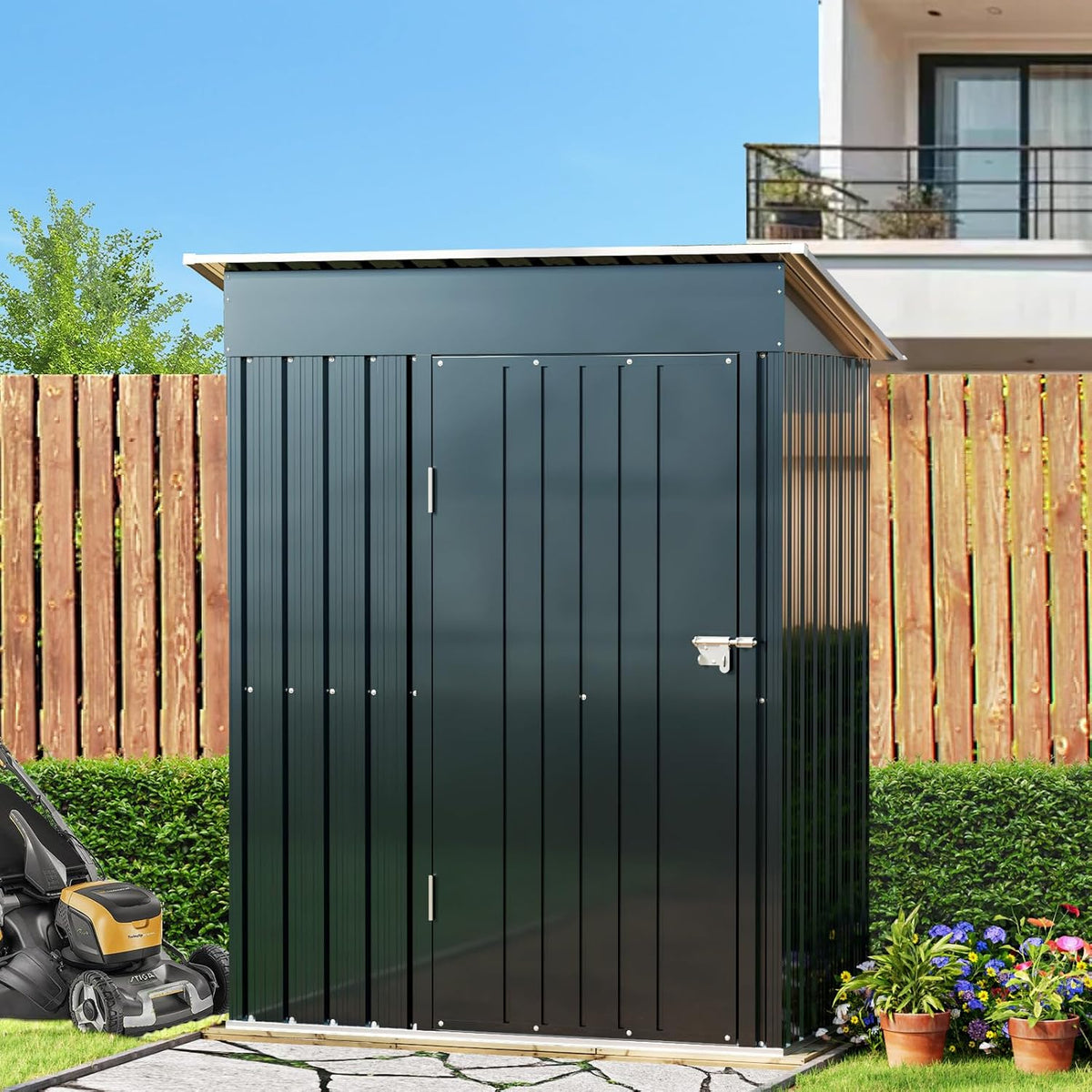 Breezz 5x3FT Vertical Outdoor Steel Storage Shed, Lockable Doors, Compact Metal Tool Shed for Garden, Backyard, Patio, Utility, and Bike Storage