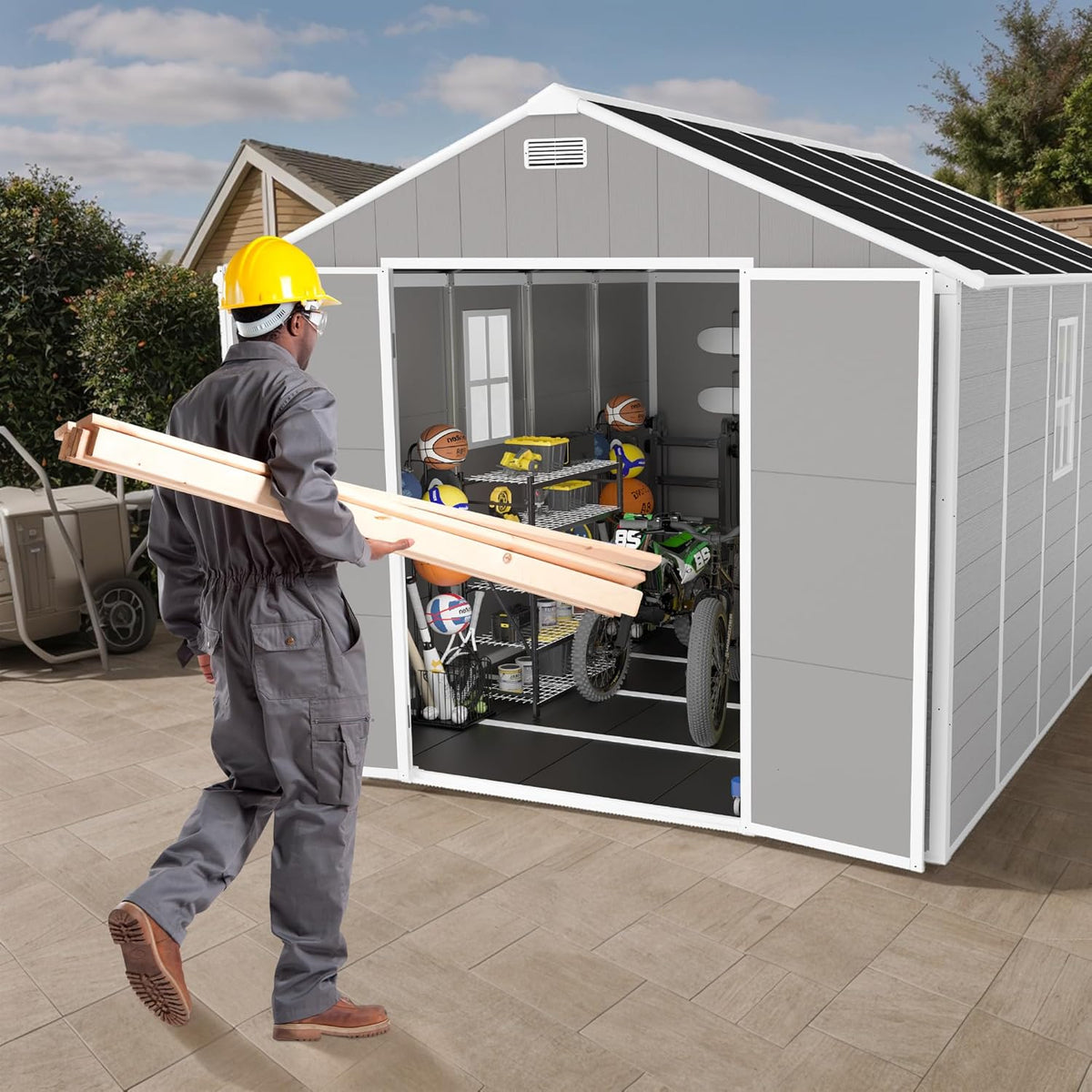 8x10 FT Outdoor Storage Resin Shed with Floor,Waterproof Plastic Garden Bike Shed with Lockable Door, Sloped Roof, Vents & Windows, Easy Assembly Tool Shed for Lawn, Backyard, Patio, Grey