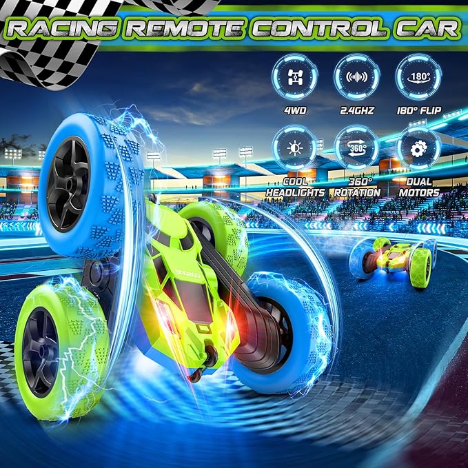 cosone Remote Control Car Toys for Boys - 4WD 2.4Ghz Double Sided 360° Rotating All Terrain RC Cars with Cool Lights, Kids Birthday for Boys-Blue&Green