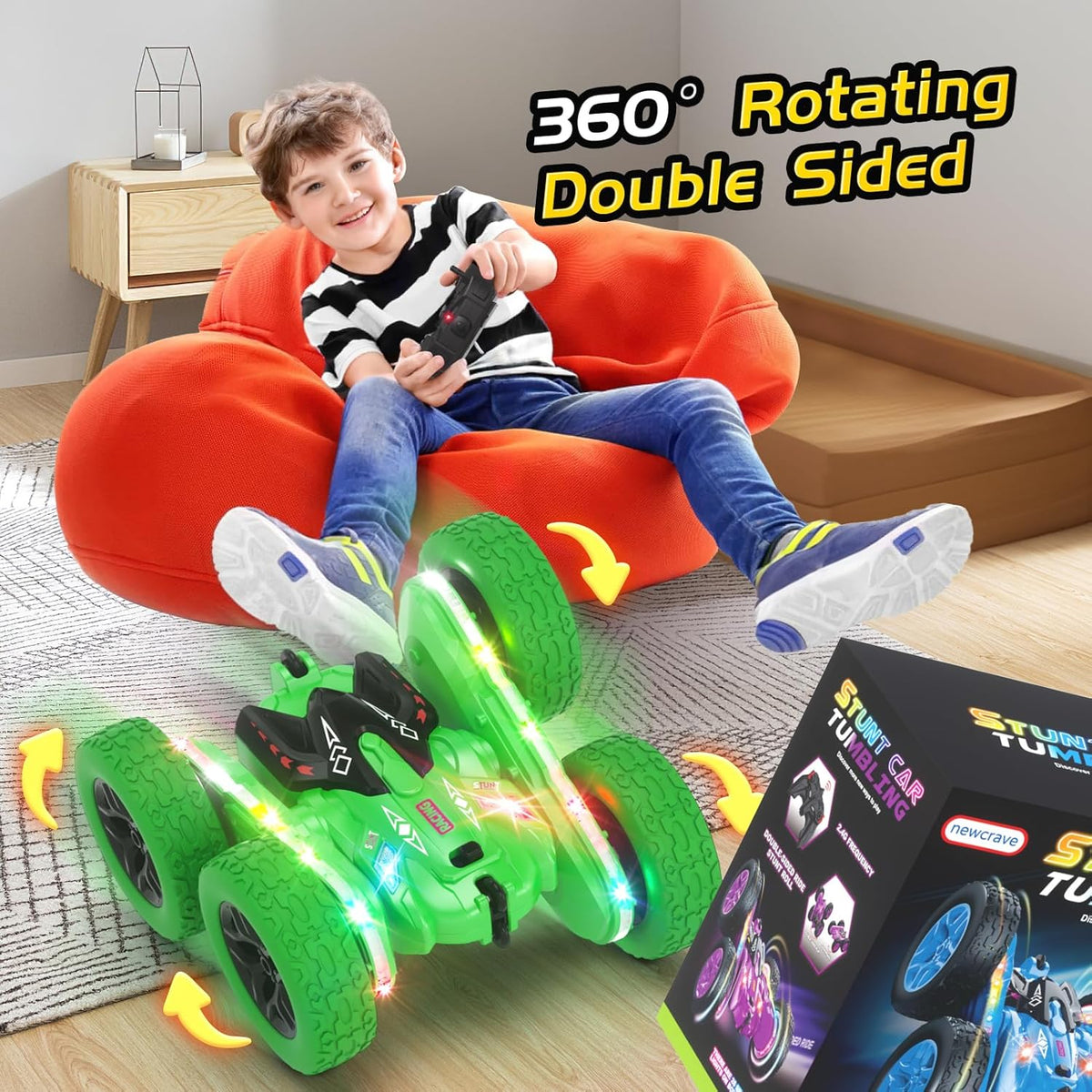 Remote Control Car, RC Cars, RC Stunt Car Toys New Upgraded Strip Light & Headlight, 6000mAH, 4WD 360° Rotating, Double Sided, Toy for Boys Girls Christmas Birthday Gift