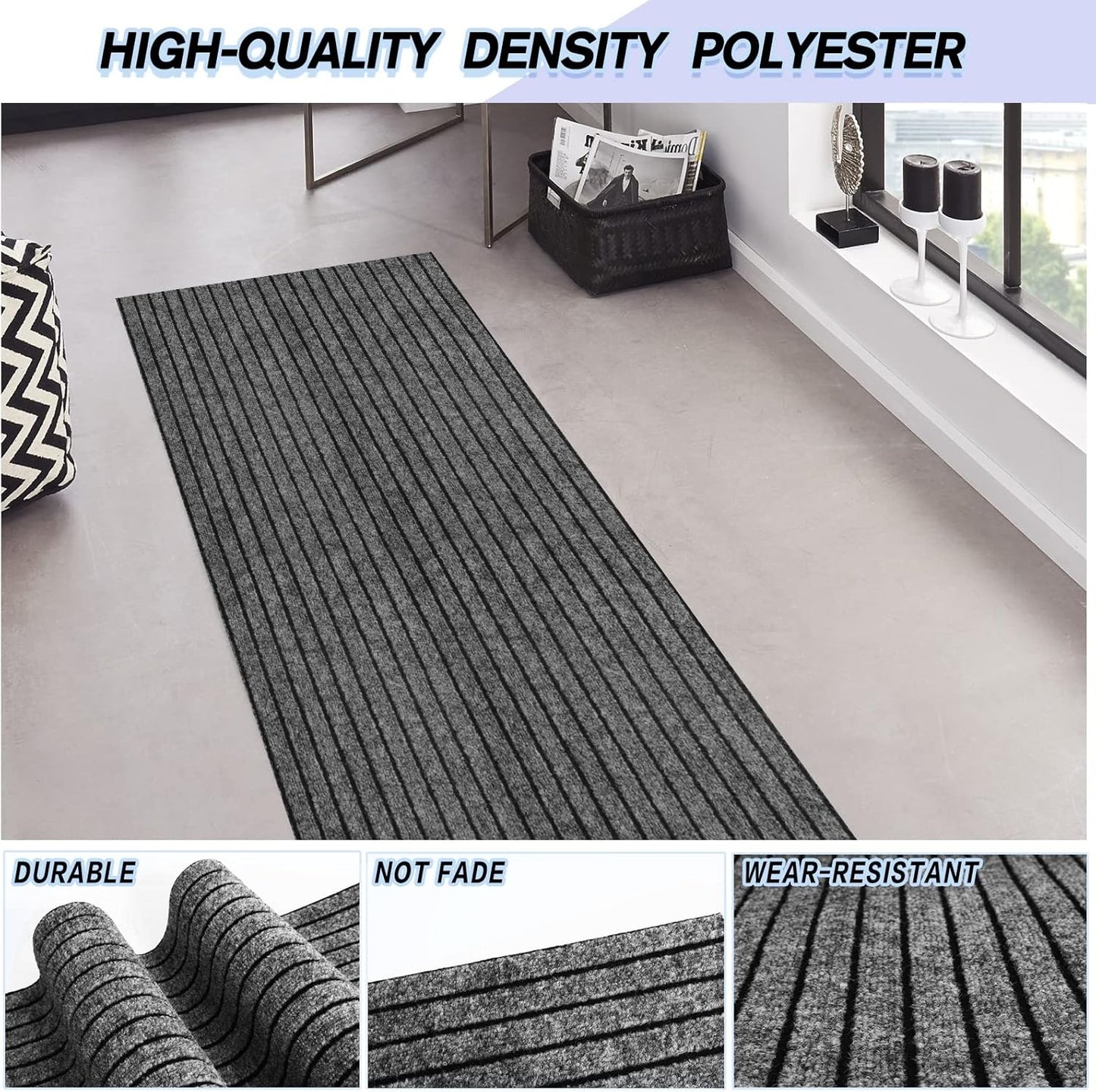 Custom Size Backed Non-Slip Area Rugs Runner, Easy Clean, Waterproof Runner Rugs for Hallway Entryway, Kitchen, Laundry, 3FT x 23FT, Gray Stripe