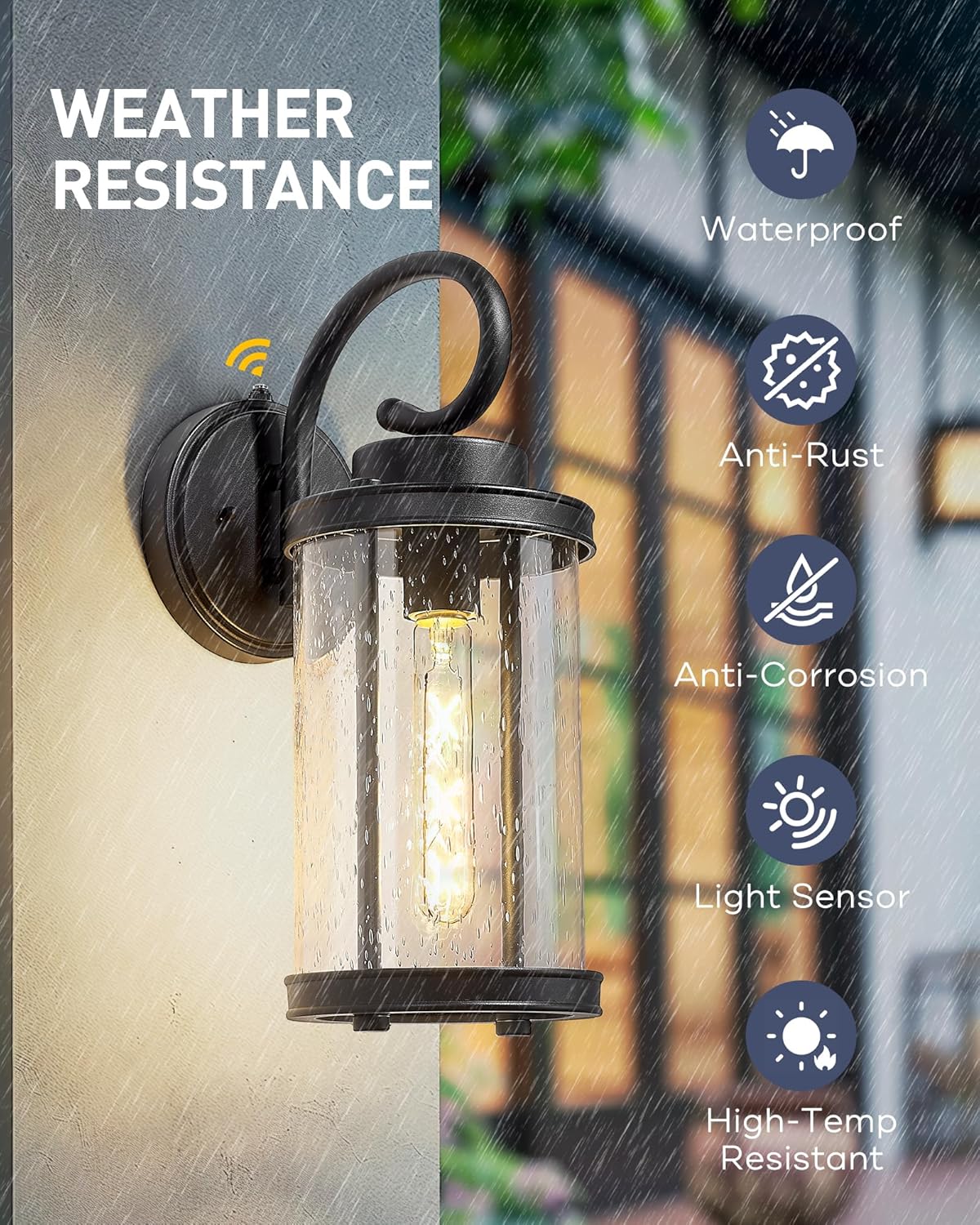 kudos Dusk to Dawn Outdoor Lighting, 15.8 inch Large Cylinder Porch Lights, Anti-Rust Waterproof Outdoor Wall Light for Patio, Garage, Black with Seeded Glass, KDOWL01-BK-L-LC