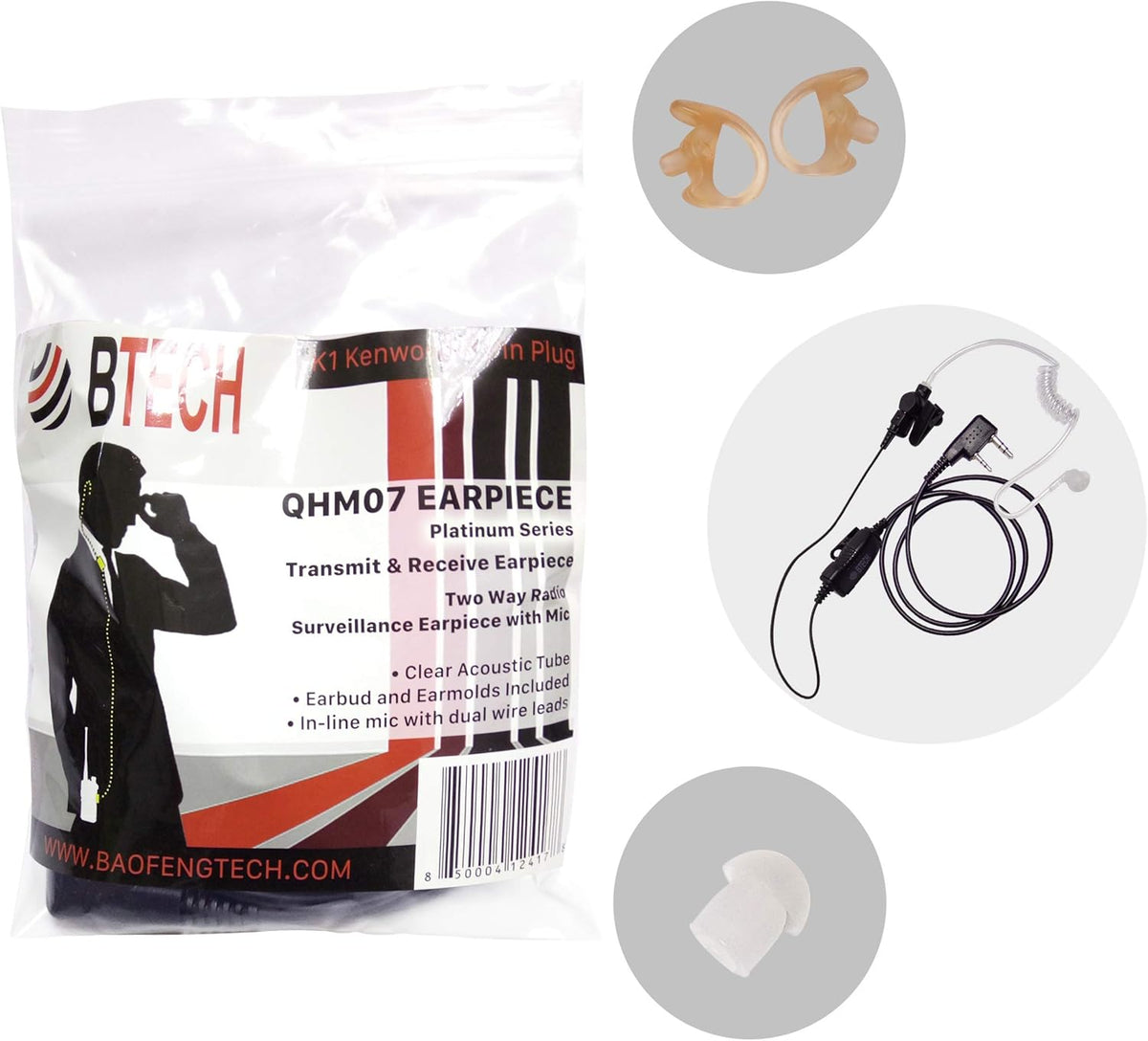 BTECH QHM07 Platinum Series Noise-Cancelling Earpiece with in-line PTT & Microphone for K1 Radios Like BaoFeng, Kenwood Radios (Includes Earmolds and Earbud, 1 Pack)