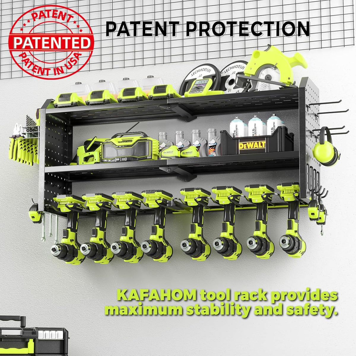 KAFAHOM Power Tool Organizer，Large 8 Drill Holder Wall Mount with 2 Side Pegboards,Metal Tool Shelf with 12 Hooks，Storage Rack for Garage Organization，Utility Cordless Drill Holder - Black