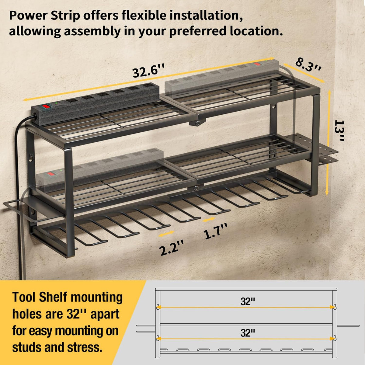 YYR Heavy Duty Power Tool Organizer with Charging Station, Cordless Drill Hanger Storage Rack, Battery Tools Holder Wall Mount Shelf for Garage - 32 Inch Equipped with Surge Protection Power Strip
