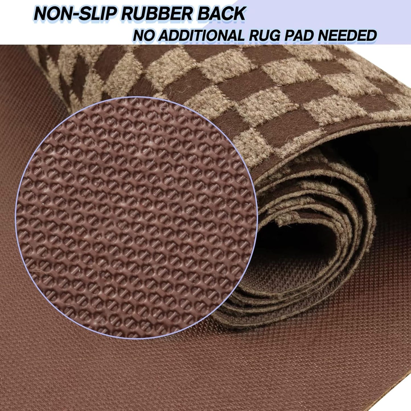 Custom Size Backed Non-Slip Area Rugs Runner, Easy Clean, Waterproof Runner Rugs for Hallway Entryway, Kitchen, Laundry, 4FT x 48FT, Brown Checkered