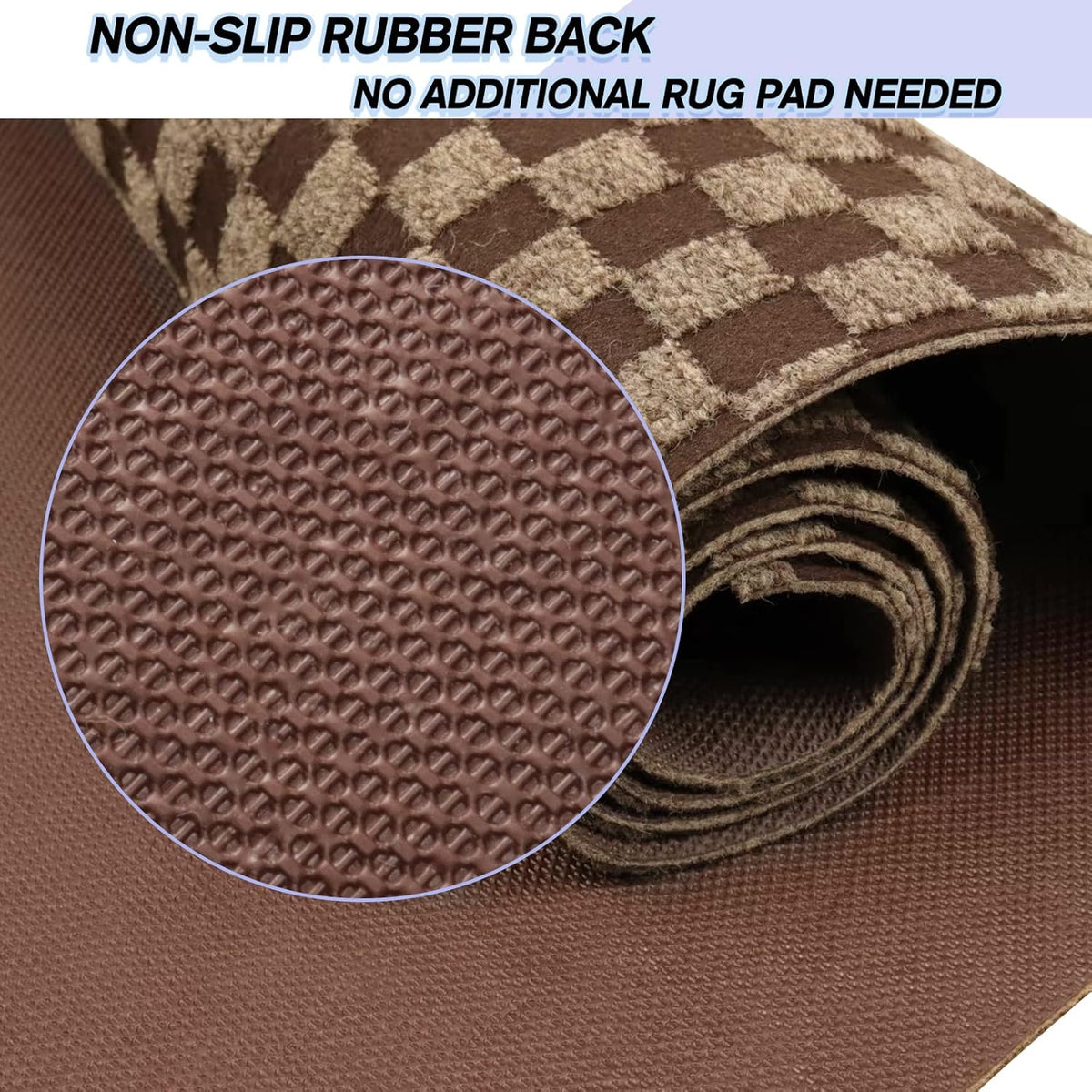 Custom Size Backed Non-Slip Area Rugs Runner, Easy Clean, Waterproof Runner Rugs for Hallway Entryway, Kitchen, Laundry, 3FT x 19FT, Brown Checkered