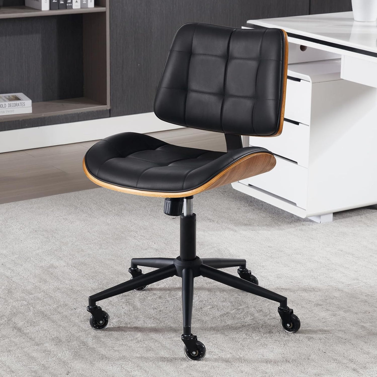 Home Office Desk Chair with Wheels, Adjustable Height Armless Office Chair, PU Leather Mid Back 360° Small Computer Chair, Modern Walnut Chair No Arms for Office, Reading Meeting Room(Black)