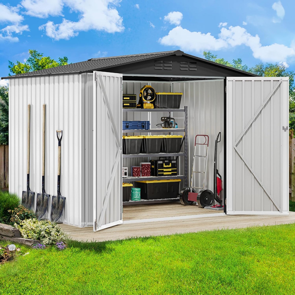 DWVO 8x6ft Metal Outdoor Storage Shed, Waterproof Tool Shed Heavy-Duty Storage Unit with Lockable Door and Vents, Ideal for Bicycles, Tools, Lawnmowers, Backyards, Patios, Lawns - White