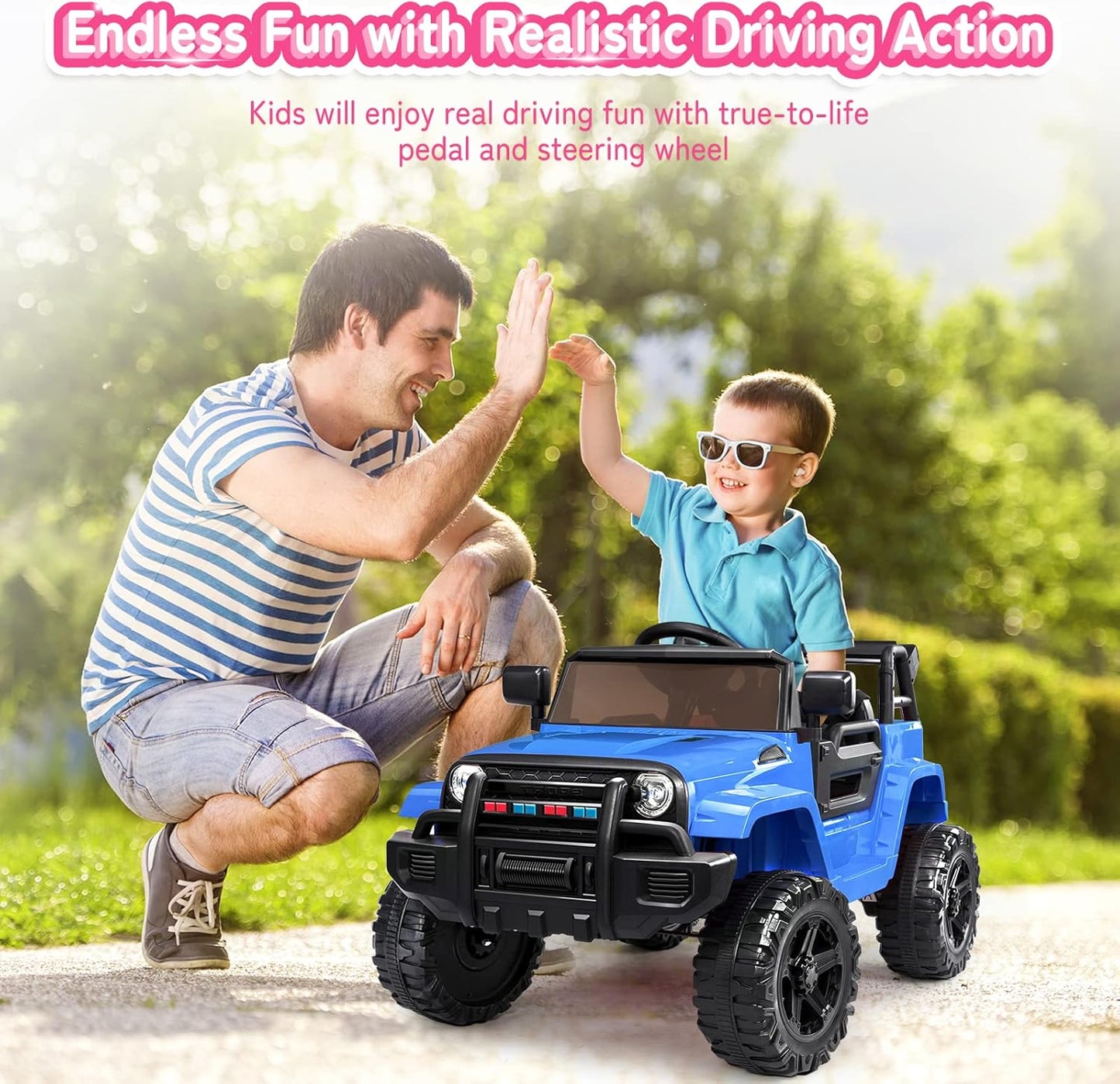 JOYMOR Ride on Truck with Remote Control, 4 Wheels 12V Battery Powered Kids Car, with LED Headlight/Horn Button/ MP3 Player/USB Port/Forward Backward/Kids Girl Boy (Blue)