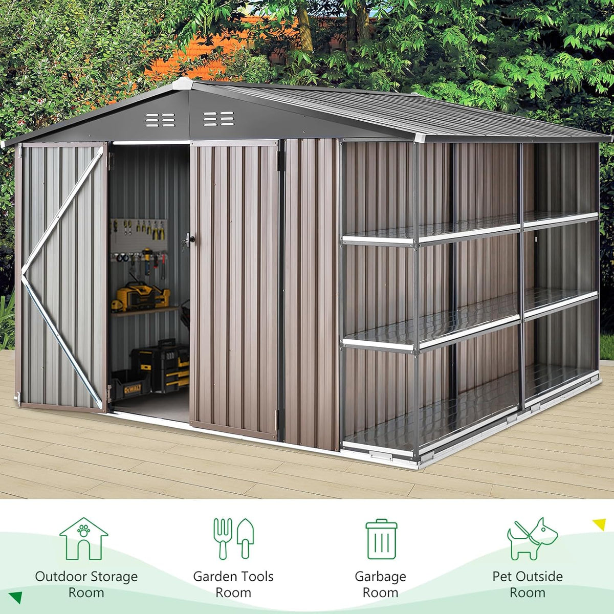 AECOJOY 10x8 Metal Storage Shed with Rack, Gray, Large Outdoor Storage Tool Utility Shed with Shelves, Weather Resistant, 263 lbs, 77.2"H x 112.8"W x 100.6"D