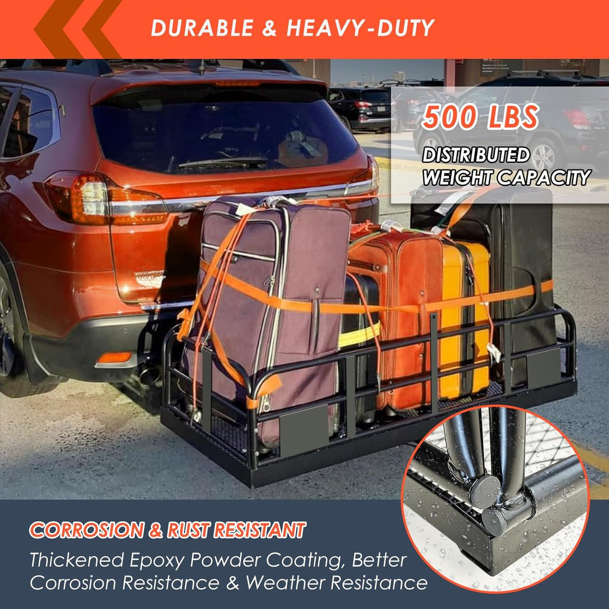 MeeFar High Rail Trailer Folding Hitch Mount Cargo Carrier Basket 60" X 24" X 14"+Waterproof Cargo Bag 20 cu ft(59" 24" 24"), Capacity of 500 Lbs with Hitch Stabilizer, Net, Lock and Straps