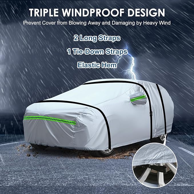 AUQDD 6-Layers Premium MPV Car Cover Waterproof All Weather Weatherproof UV Sun Protection Snow Dust Storm Resistant Outdoor Exterior Custom Form-Fit Full Padded Car Cover with Straps 199"-210" K17
