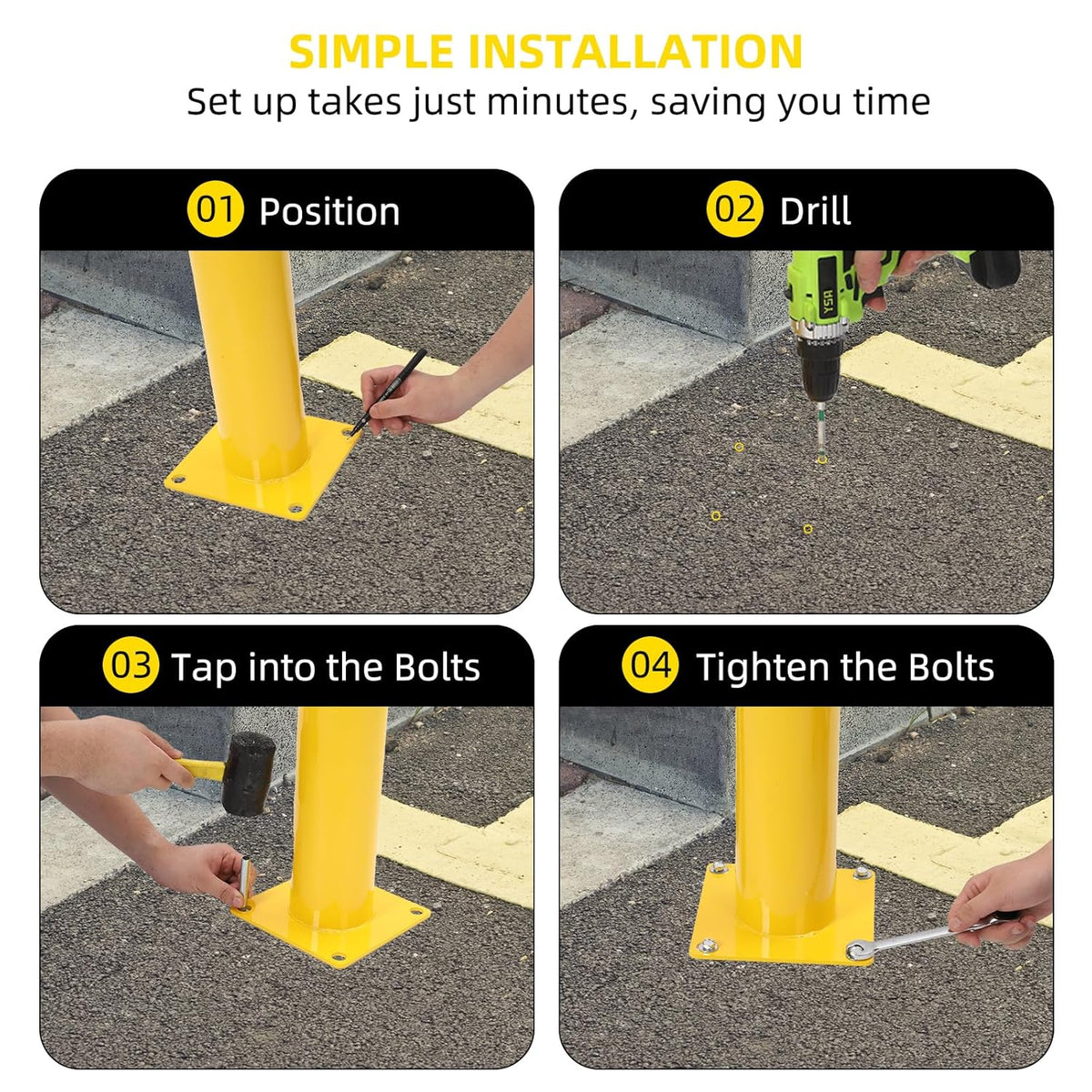 Safety Bollard 4 Packs, 48 Inch Height Steel Bollard Post for Parking Lot, 4.5 Inch Diameter Pipe, Yellow Safety Bollard Post with 8 Anchor Bolts, Ideal for Traffic-Sensitive Areas, Driveway Barrier