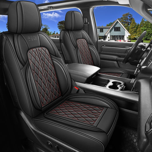 Car Seat Cover Custom Fit for Dodge Ram 1500 2500 3500 2002-2024 Faux Leather Seat Cover Set Compatible with Crew Quad Regular Cab Pickup Truck Cushions (Black Redline, Front Seat)