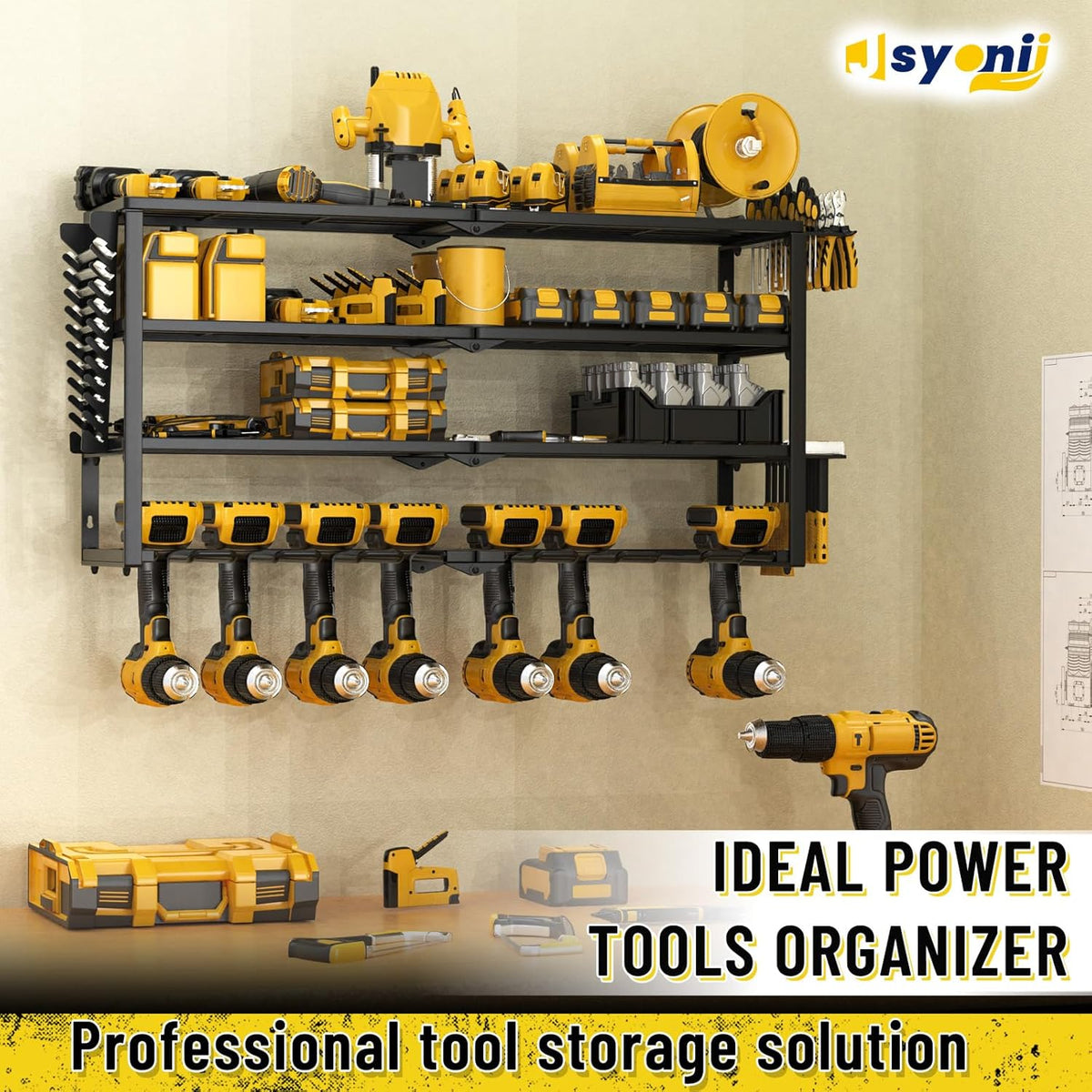 Heavy Duty Power Tool Organizer Wall Mount, Cordless Drill Hanger Storage Rack, Battery Tool Holder Utility Rack with Side Wrench Rack for Garage Workshop-32 Inch 8 Slots