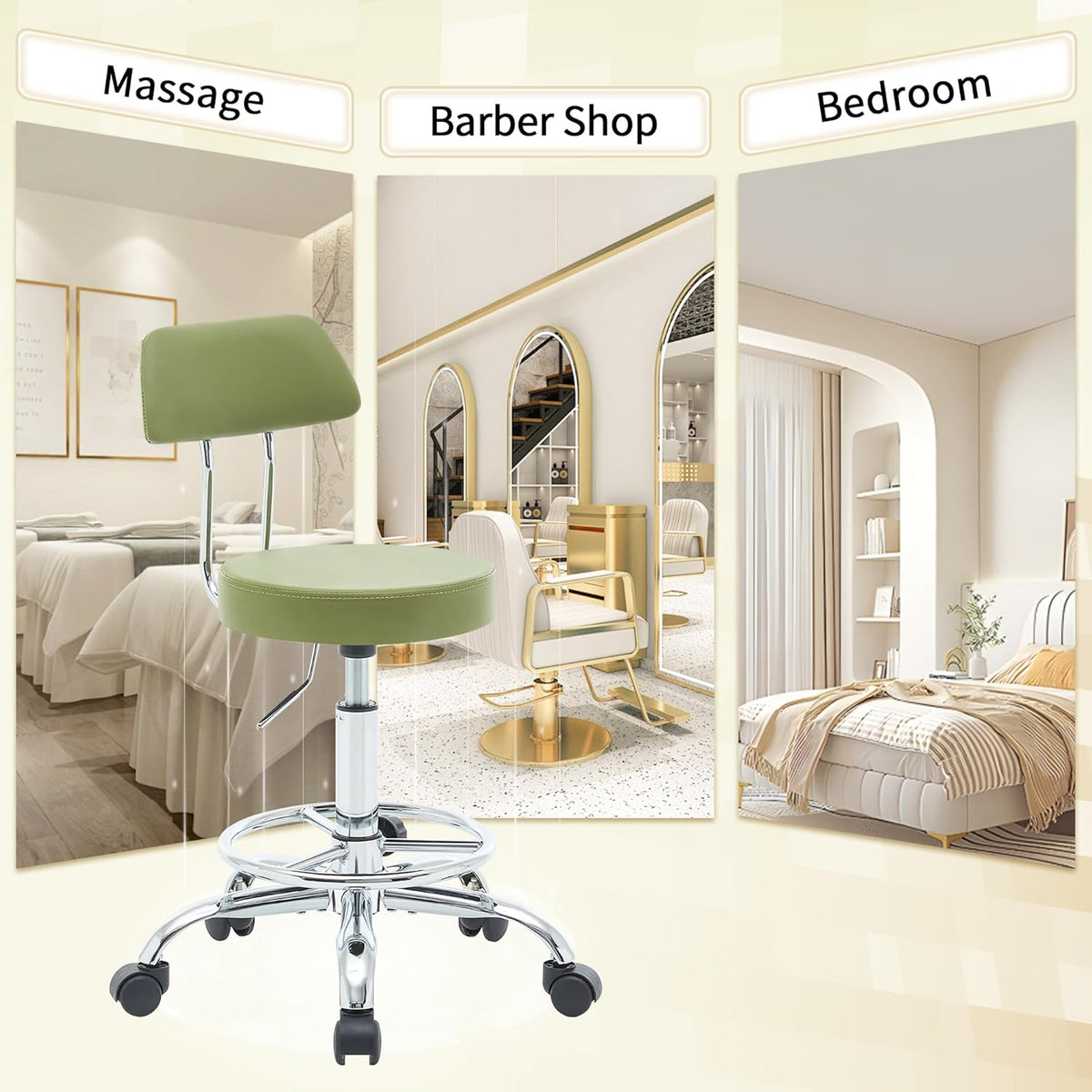 Height Adjustable Stool 19.5’’-26.6’’, Rolling Chair with Back and Footrest, Green Esthetician Stool Ergonomic (Green)