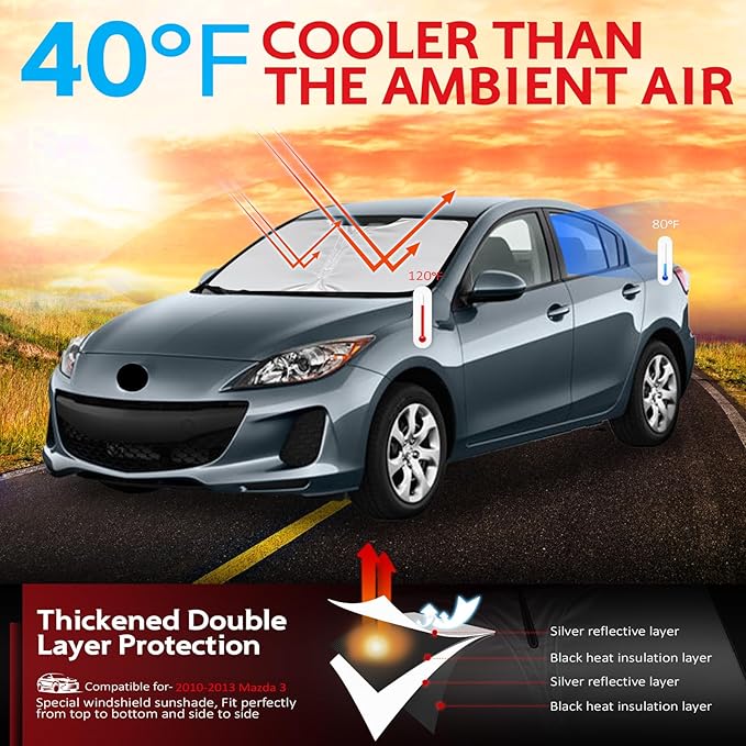 KAYZT Windshield Sun Shade for 2010-2013 Mazda 3 Foldable Sunshade Front Window Custom Fit Car Accessories