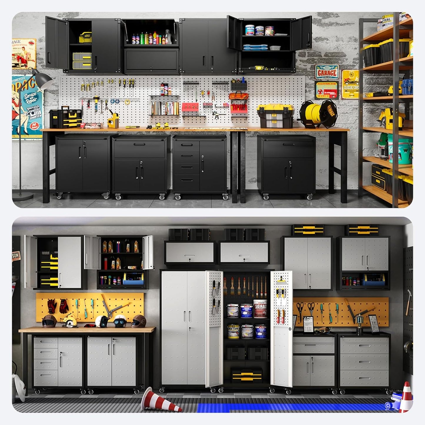 Metal Tool Cabinet,Garage Storage Cabinet System,Wall Cabinet & Locking Rolling Tool Cabinet with Doors and Adjustable Shelves,Steel Tool Cabinets for Home,Office (10 Pcs-StyleA, Black & Grey)