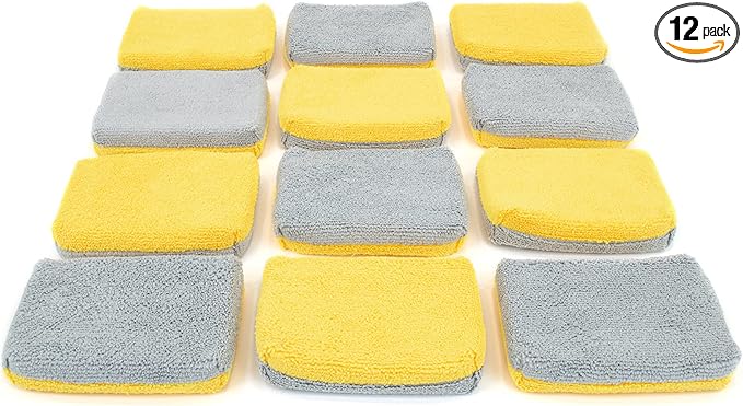 Autofiber Thin [Saver Applicator Terry] Ceramic Coating Applicator Sponge | 12 Pack | with Plastic Barrier to Reduce Product Waste. (Gold/Gray)