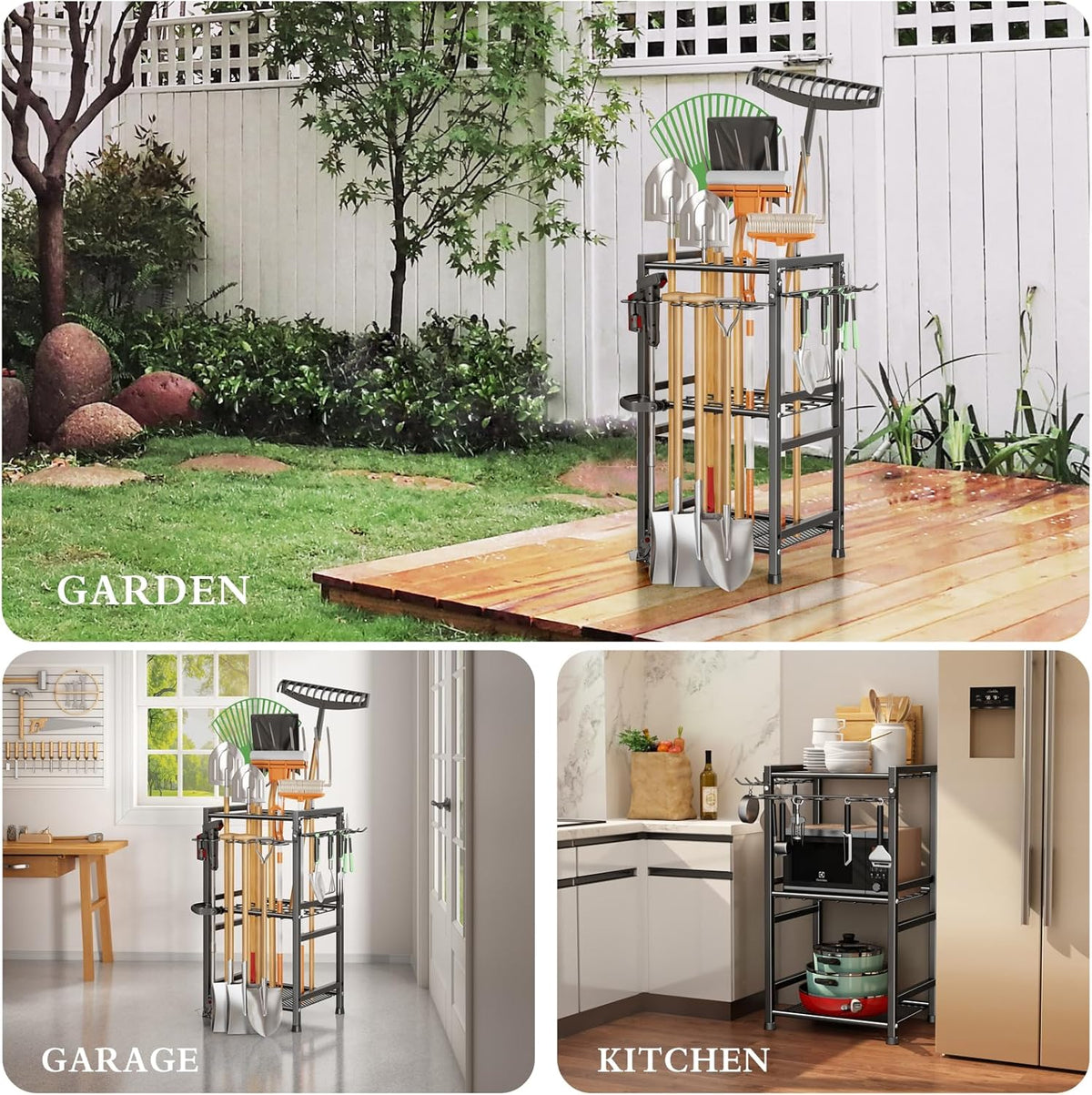 Garden Tool Organizer Storage Metal Yard Tool Organizer Heavy Duty Garden Tool Rack Stand with Extra Hooks, Up To 35 Long Handled Shovels/Rakes/Brooms Holder for Garage,Shed,Outdoor(Black)