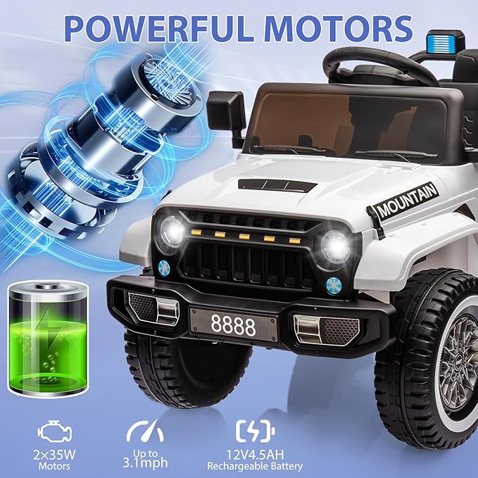 Hetoy 12V Kids Ride On Truck Car, Battery Powered Electric Car w/Parent Remote Control, Spring Suspension, 3 Speeds, Horn, Music & Story, Kids 4 Wheeler Electric Vehicle Toy, White