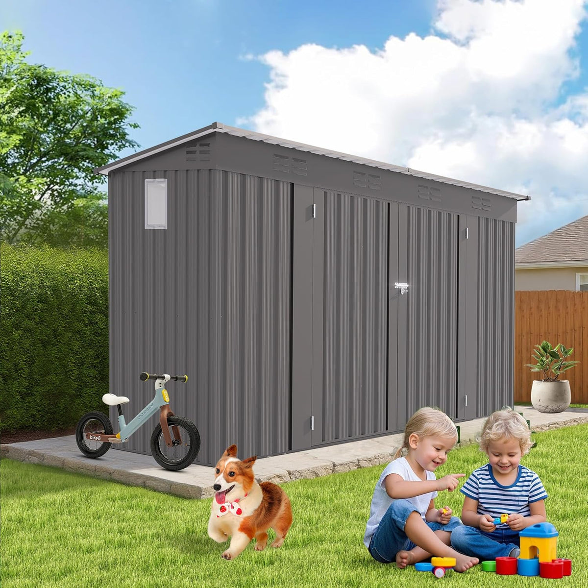 4x9 FT Outdoor Storage Shed,Metal Shed W/Window,Garden Storage Shed W/ 6 Air Vents & 2 Swing Doors,Weatherproof Tool House W/Sloped Roof,for Backyard Patio Lawn,Gray