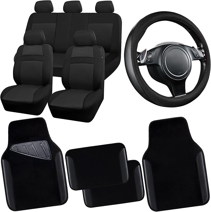 CAR PASS 3D Air Mesh Car Seat Covers Full Sets w/5mm Sponge, 4Pcs Waterproof Car Floor Mats, Steering Wheel Cover Universal Fit for SUV Sedan Truck, Airbag Compatible Automotive Interior(Black)