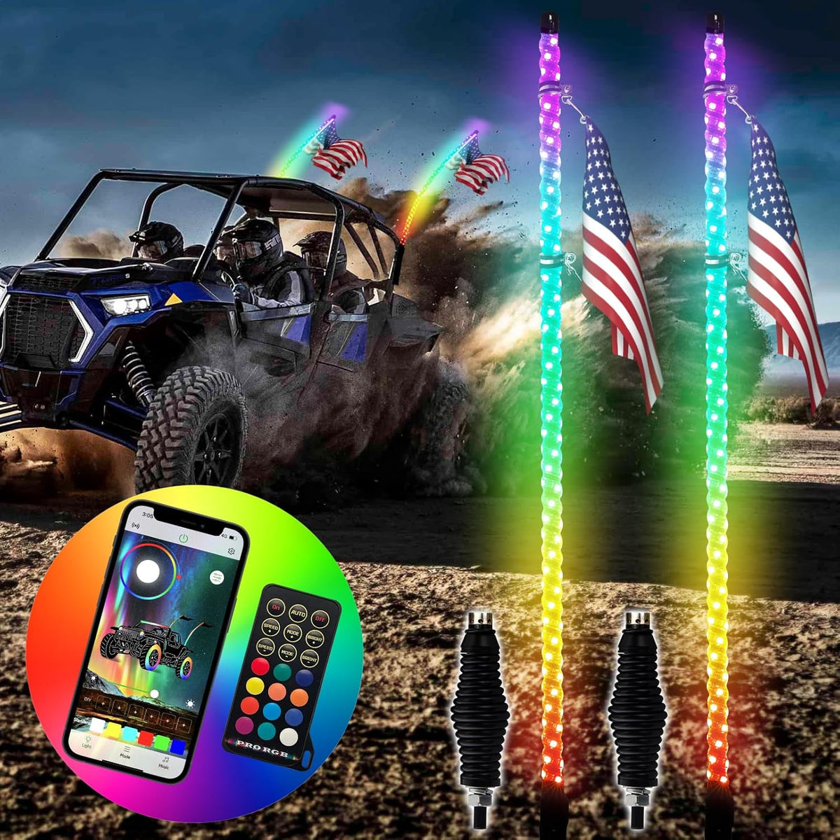Wsays 2pcs 4ft RGB Led Whip Light with Spring Base Chasing Light with Flags and Controller Lighted Whips Fit for UTV, ATV, SUV, Car, Golf Cart, Truck, and Boat