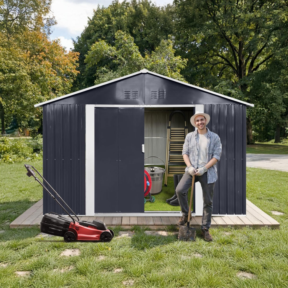 9.1' x 8.5' Outdoor Storage Shed, Sturdy Metal Building w/Windows & Lockable Doors for Garden, Backyard, Poolside and Lawn, Anthracite