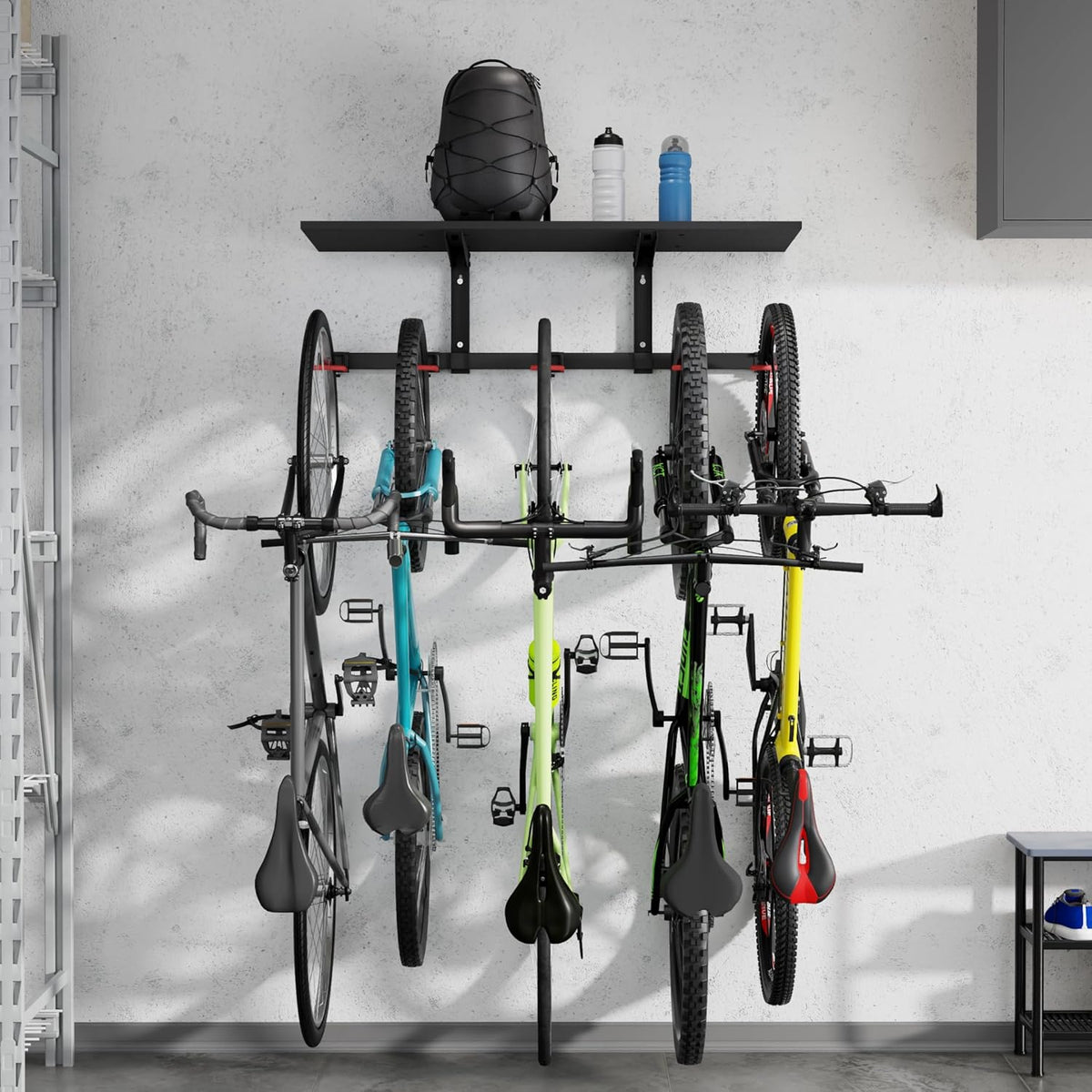 Mount-It! WheelsUp Bike Storage Rack with Shelf | Wall Mounted Garage Organizer Holds 5 Bikes | Adjustable Padded Hooks, Max Capacity 385 lbs | Space-Saving Solution