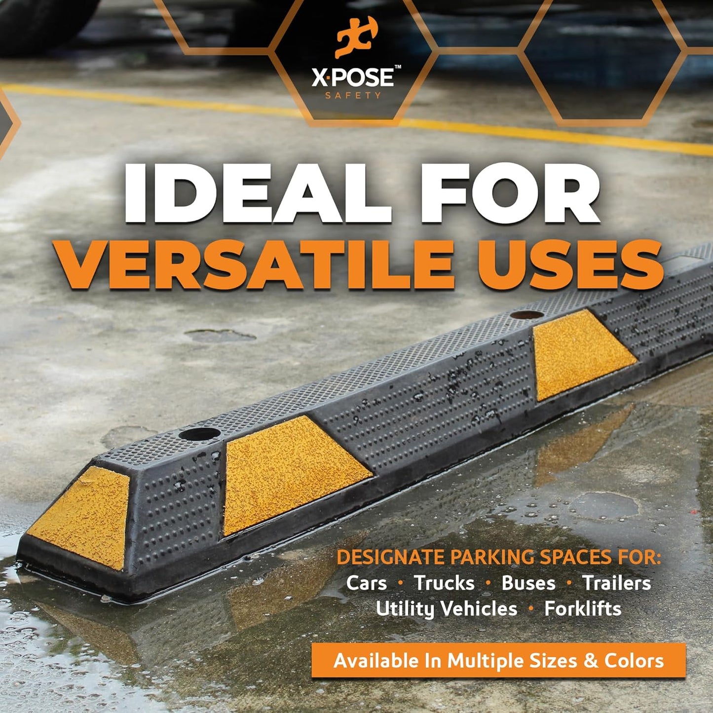Xpose Safety 48" Heavy Duty Rubber Parking Stopper – 1 Pack Wheel Blocks for Garage, Driveway, or Ramp – Car Bumper Stop with Yellow Reflective Strips – Removable Floor Mount