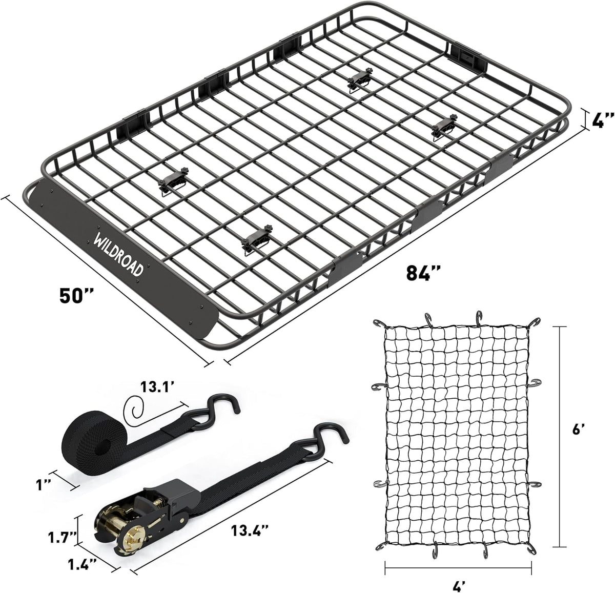 Wildroad Roof Rack Cargo Basket, Upgraded 4” Fence Wide Car Roof Basket, 84"x 50"x 4" Universal Car Top Carrier Basket with Super Duty Bungee Cargo Net and Ratchet Straps Fits for SUV Truck Cars